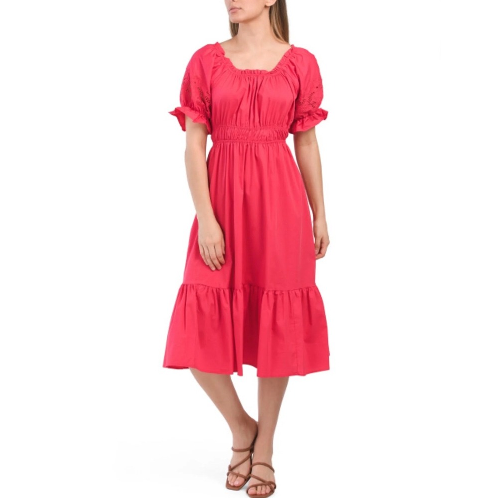 Indigo‎ Rose Red Smocked Tiered Midi Dress Puff Sleeve Square Neck M